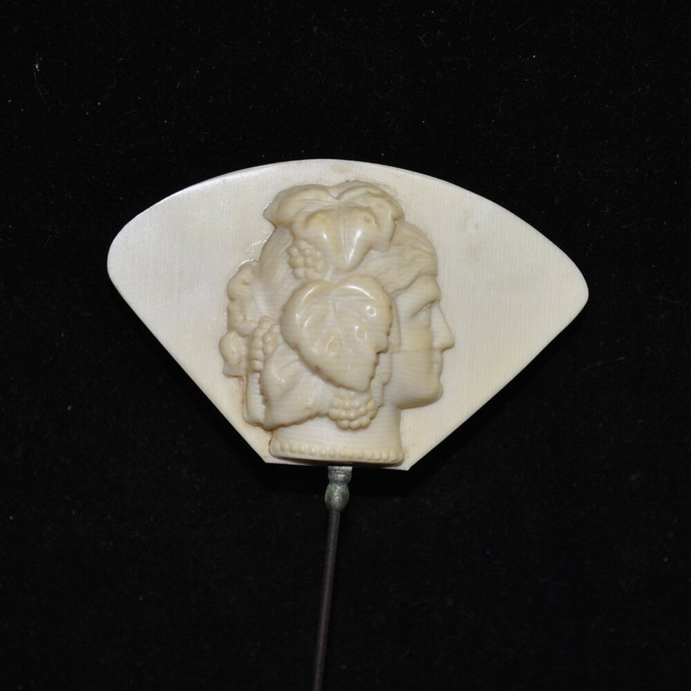 Antique Rare Two-sided Bacchante Celluloid Cameo 7" Hat Pin